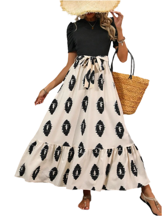 Printed Tie Waist Short Sleeve Maxi Dress