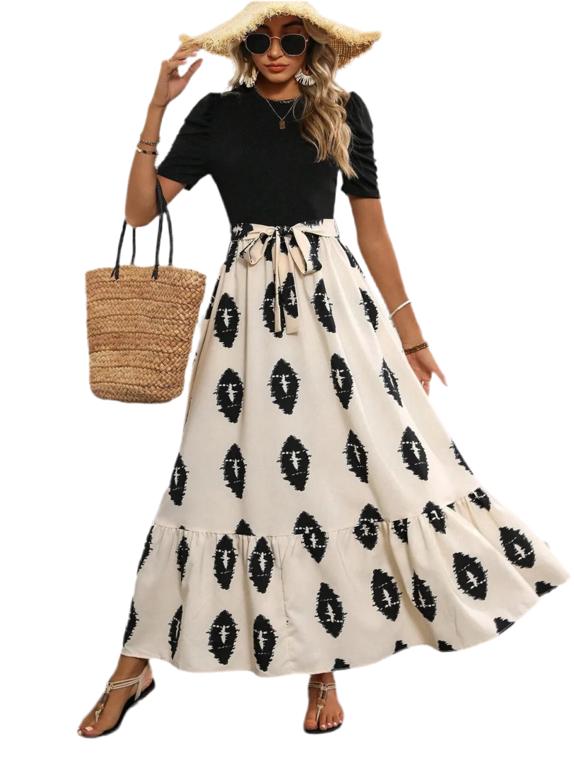Printed Tie Waist Short Sleeve Maxi Dress