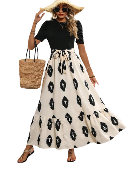Printed Tie Waist Short Sleeve Maxi Dress